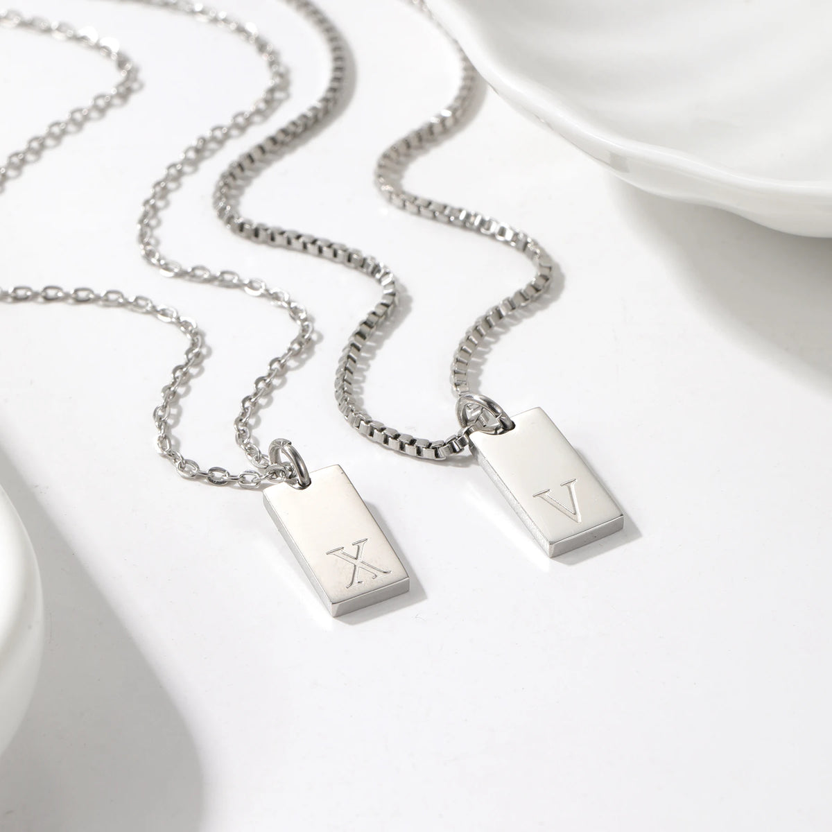 Dainty Initial Tag Necklace 18K Gold Plated Custom Etched Personalized Letter Pendant in Box Chain Gifts For Her  Women Jewelry