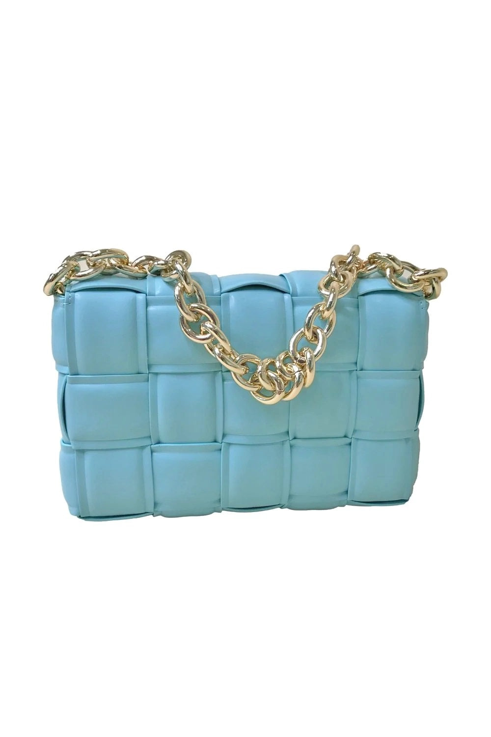 Light blue faux leather cross-body bag with gold chain strap and woven panel design
