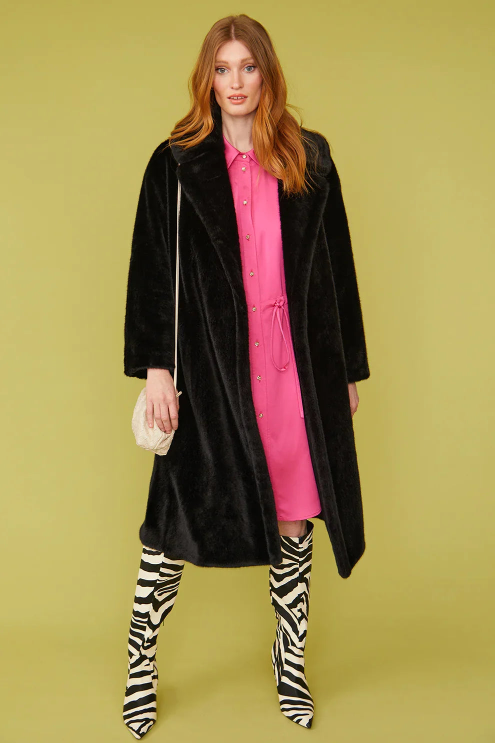 Black faux fur maxi coat with wide collar and open, button-free front