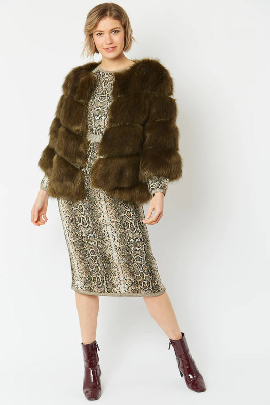 Dark green faux fur cropped coat with hood, tiered panels, open front