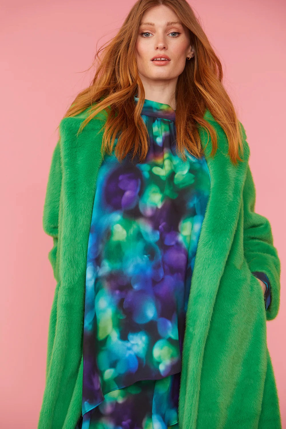 Green faux fur hooded maxi coat, long sleeves, relaxed fit