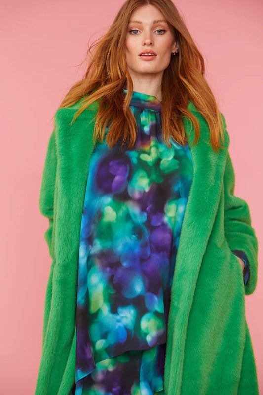 Green faux fur hooded maxi coat, long sleeves, relaxed fit