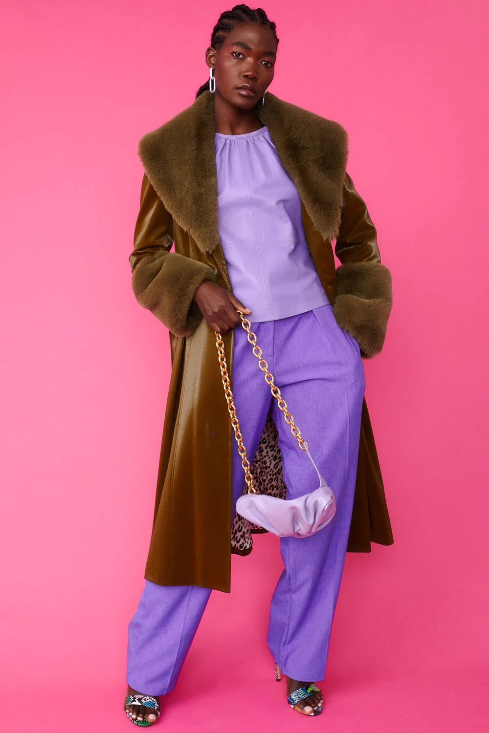 Green faux leather trench coat with faux fur trim at collar and cuffs, open front