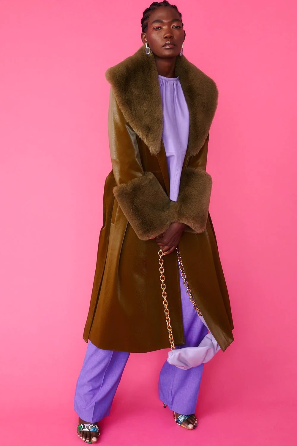Green faux leather trench coat with faux fur collar and cuffs, front view