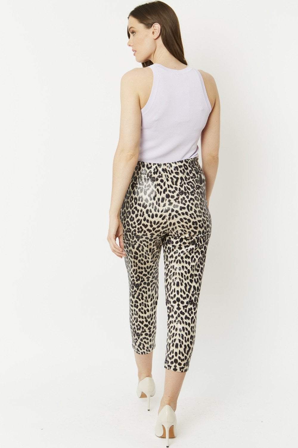 Grey faux suede leopard print trousers, back view, cropped tapered legs