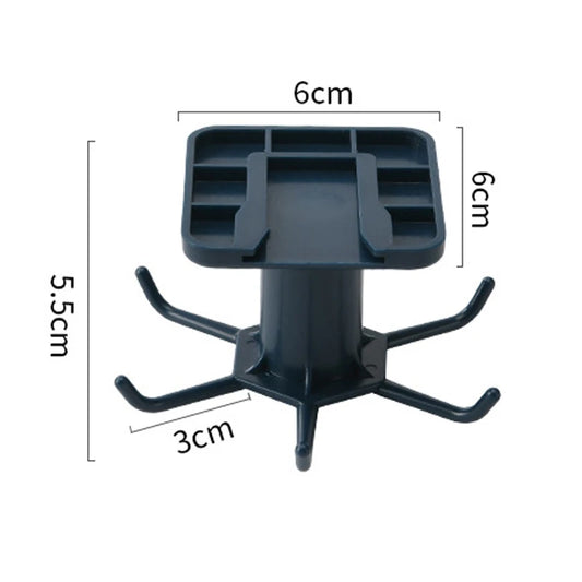 Rotating wall hook organizer, black base with multiple curved hooks and storage tray