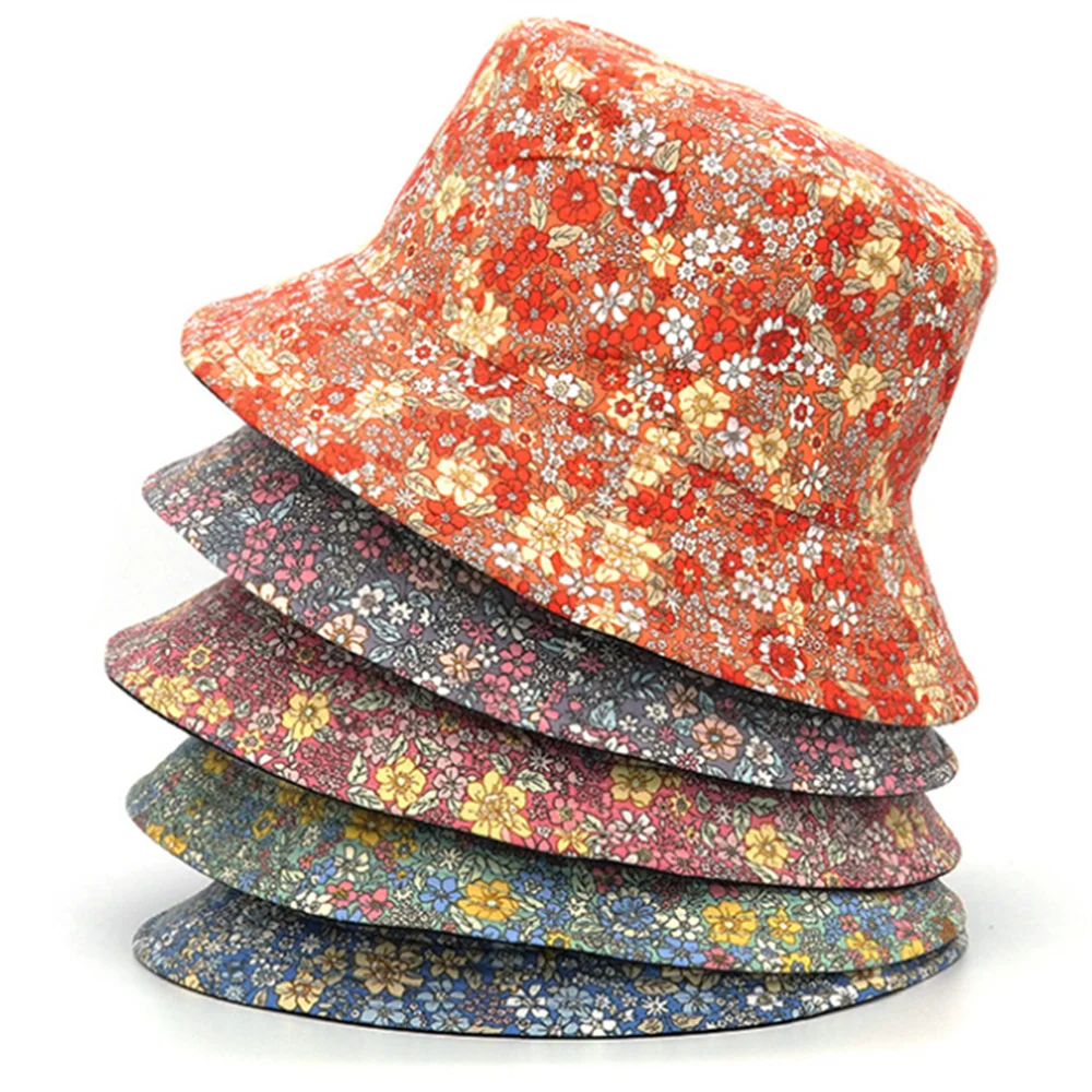 Spring and Summer Small Floral Print Bucket Hat Trend Flower Double-Sided Male Wild Basin  Sun  Woman Cap