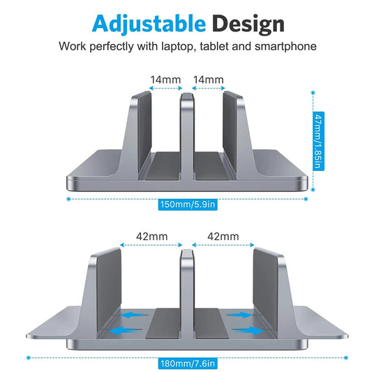 Adjustable aluminum laptop stand with vertical support arms and base