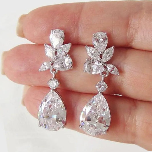 Silver-tone cubic zirconia drop earrings, dangling teardrop with star-like sparkle tops
