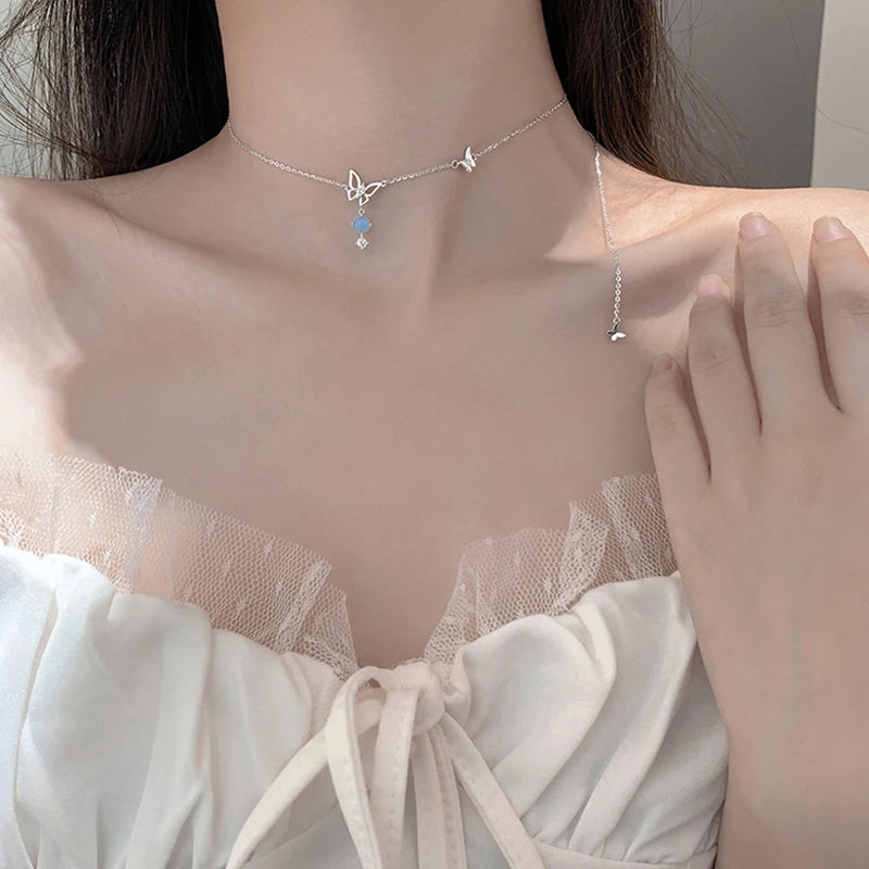 ANENJERY Silver Color Butterfly Necklace for Women Shiny Zircon Clavicle Chain Necklace Jewelry Party Gift