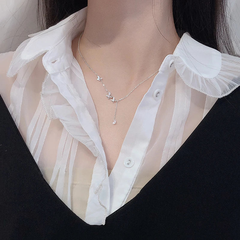 ANENJERY Silver Color Butterfly Necklace for Women Shiny Zircon Clavicle Chain Necklace Jewelry Party Gift