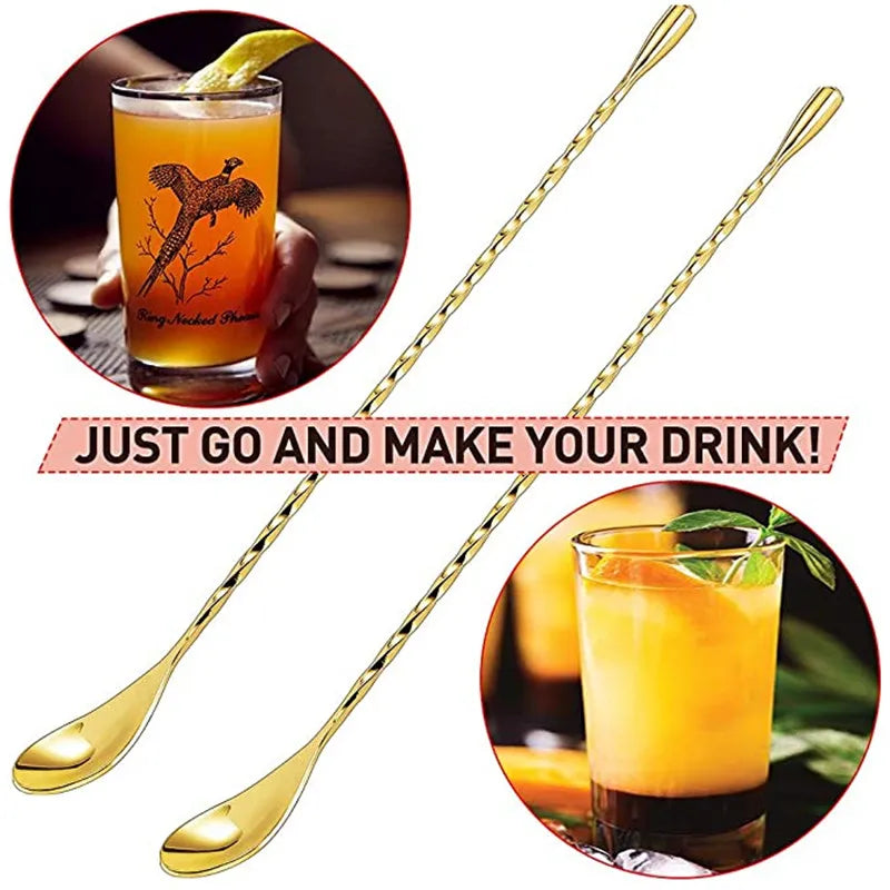 Cocktail Spoon Bar Stirring Spoon Long Handle Stainless Steel Spiral Pattern  Mixing Shaker Spoon, 12 Inch, 4 Colors Bar  Tools