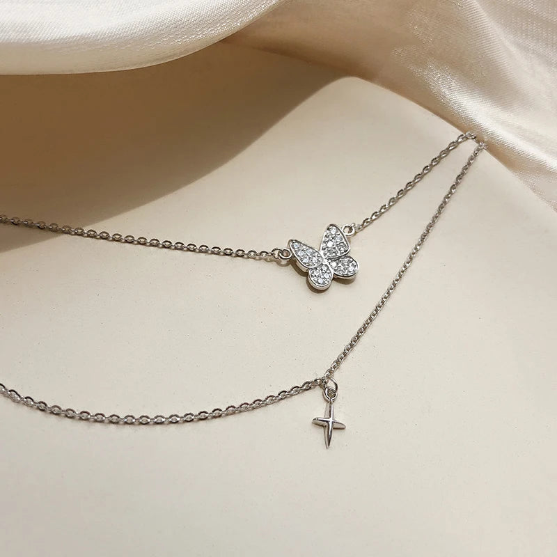 ANENJERY Silver Color Butterfly Necklace for Women Shiny Zircon Clavicle Chain Necklace Jewelry Party Gift