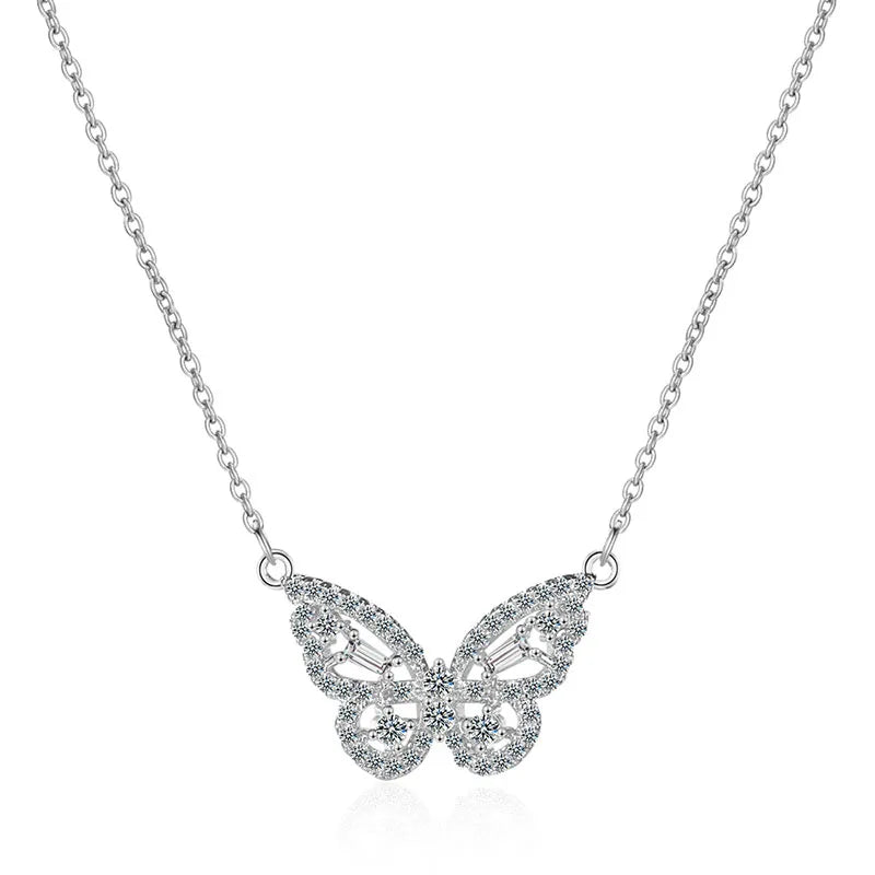 ANENJERY Silver Color Butterfly Necklace for Women Shiny Zircon Clavicle Chain Necklace Jewelry Party Gift