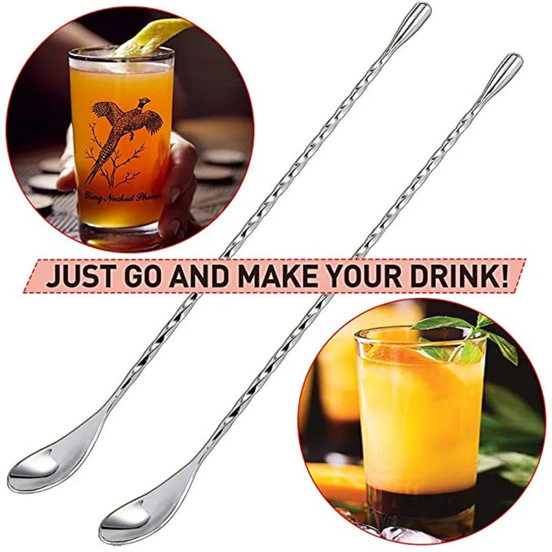 Cocktail Spoon Bar Stirring Spoon Long Handle Stainless Steel Spiral Pattern  Mixing Shaker Spoon, 12 Inch, 4 Colors Bar  Tools