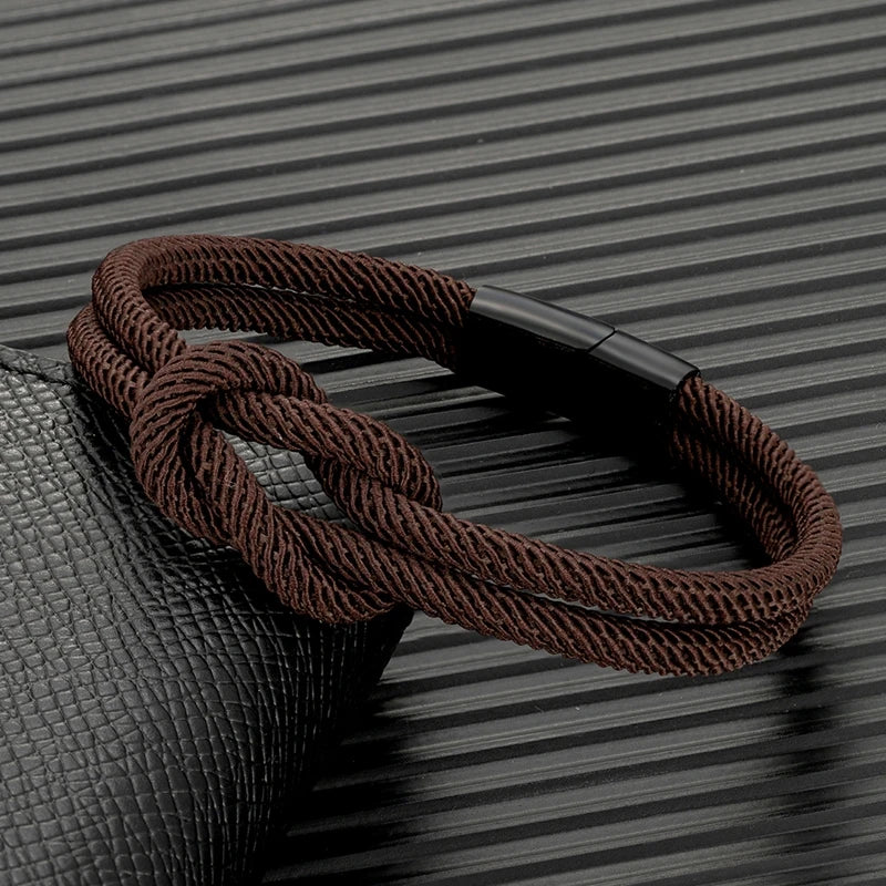 MKENDN Men Double-layer Knotted Rope Bracelet For Women Black Stainless Steel Silder Magnet Buckle Infinity Couple Jewelry