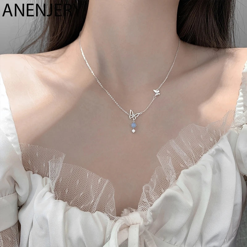 ANENJERY Silver Color Butterfly Necklace for Women Shiny Zircon Clavicle Chain Necklace Jewelry Party Gift