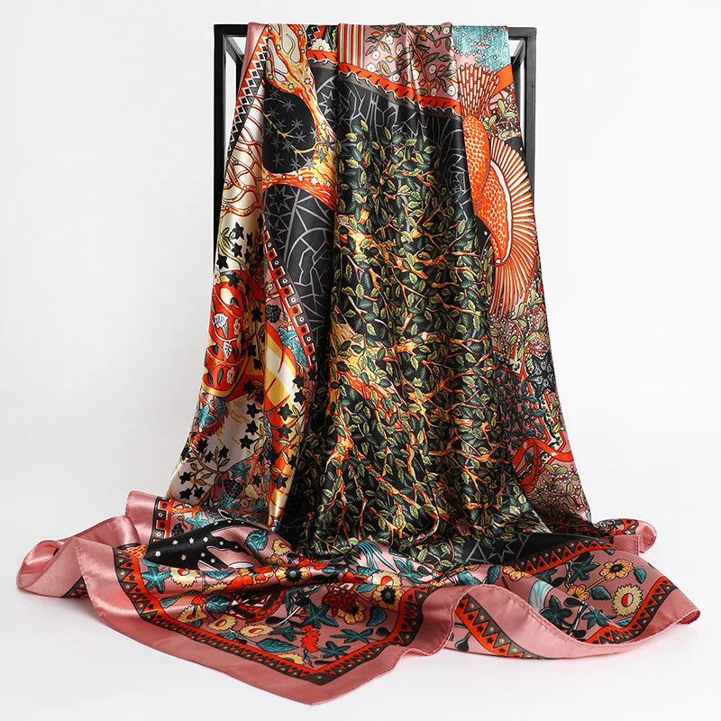 Luxury Brand Silk Satin Square Scarf Women Hijab Bandana Muslim Headscarves Shawl Wrap Ladies Headband Neckerchief Foulard 90cm