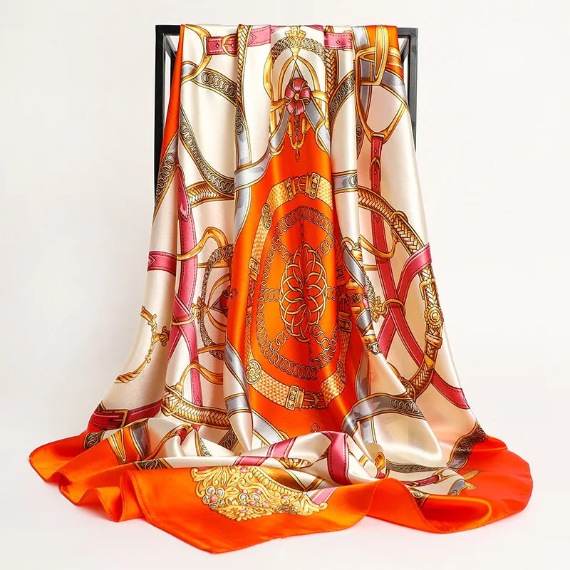 Luxury Brand Silk Satin Square Scarf Women Hijab Bandana Muslim Headscarves Shawl Wrap Ladies Headband Neckerchief Foulard 90cm