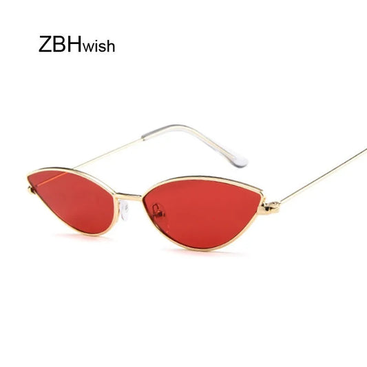 Cat-eye sunglasses with red lenses and gold-tone metal frame