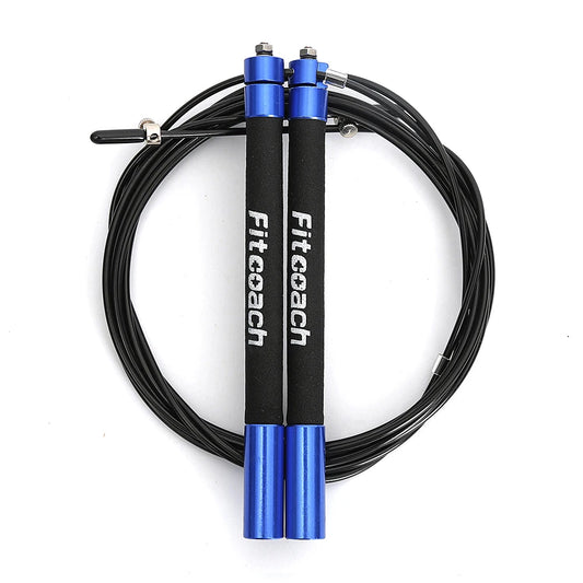 Ball bearing speed jump rope with blue metal handles and black cable