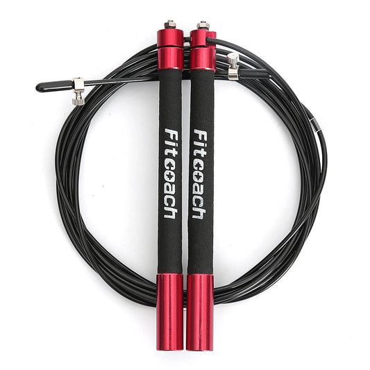 Ball bearing speed jump rope with red metal handles and black cable