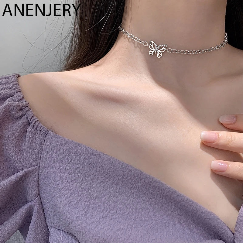 ANENJERY Silver Color Butterfly Necklace for Women Shiny Zircon Clavicle Chain Necklace Jewelry Party Gift