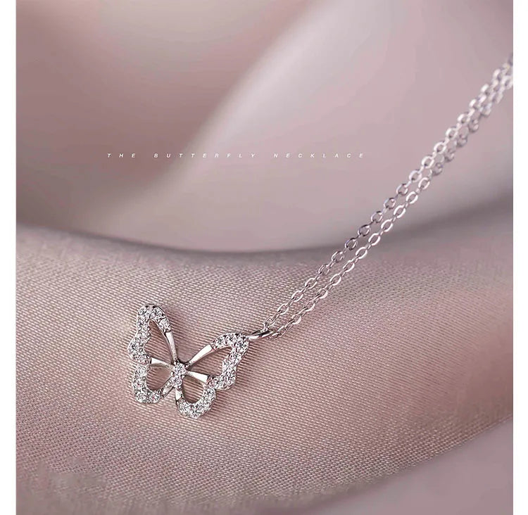 ANENJERY Silver Color Butterfly Necklace for Women Shiny Zircon Clavicle Chain Necklace Jewelry Party Gift