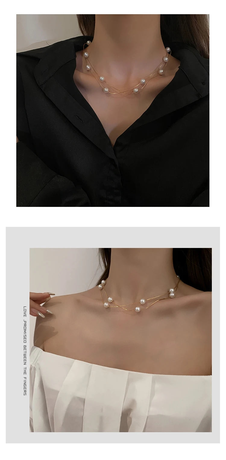 European and American Elegant Double-Layer Pearl String Choker Necklace Korean Fashion Jewelry Sexy Clavicle Chain For Woman