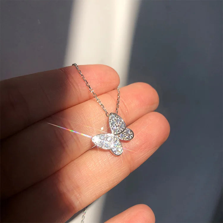 ANENJERY Silver Color Butterfly Necklace for Women Shiny Zircon Clavicle Chain Necklace Jewelry Party Gift