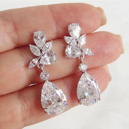 Silver-tone crystal drop earrings with cubic zirconia teardrop and floral cluster