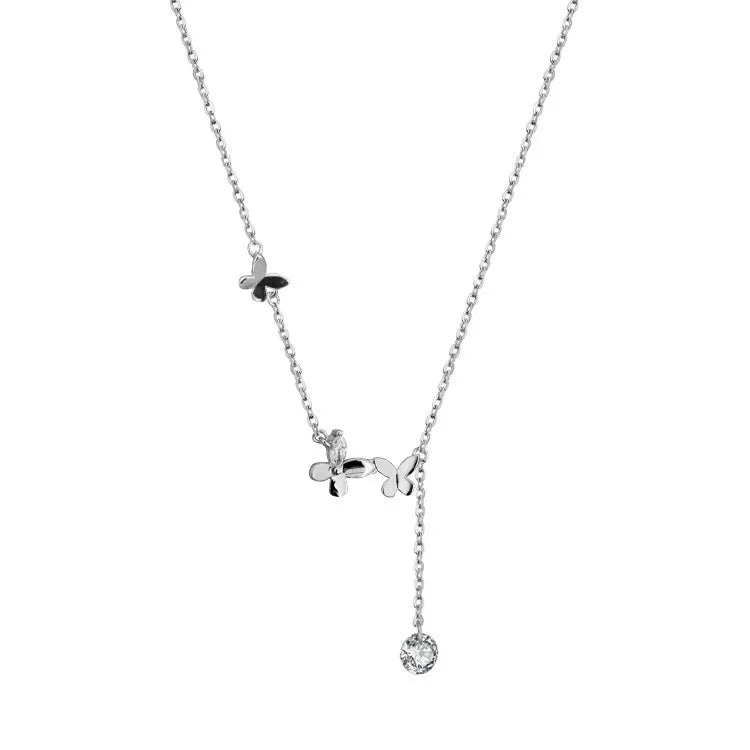 ANENJERY Silver Color Butterfly Necklace for Women Shiny Zircon Clavicle Chain Necklace Jewelry Party Gift