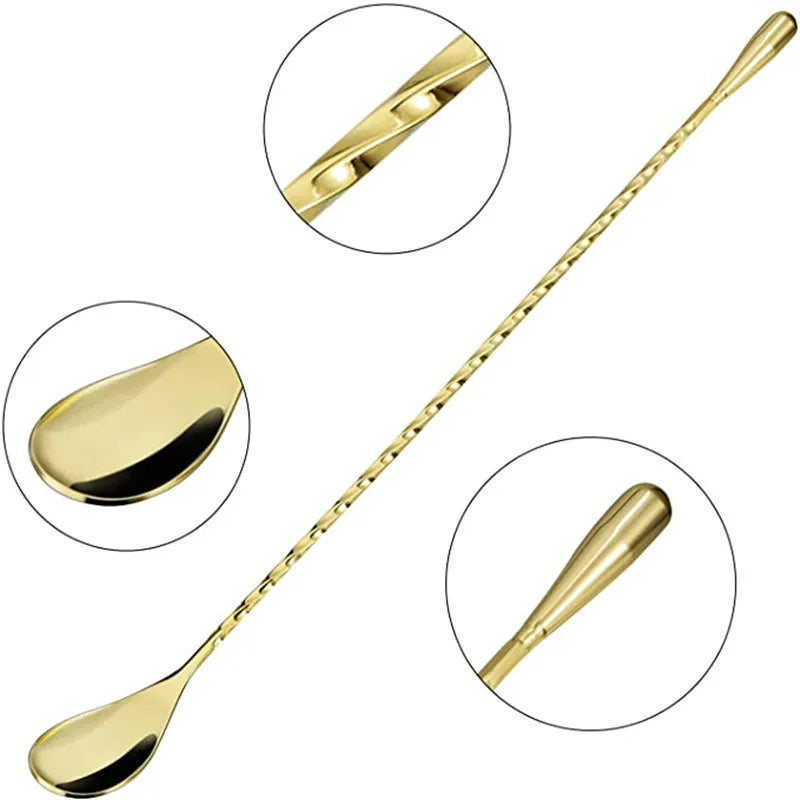 Cocktail Spoon Bar Stirring Spoon Long Handle Stainless Steel Spiral Pattern  Mixing Shaker Spoon, 12 Inch, 4 Colors Bar  Tools