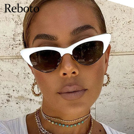 White cat-eye sunglasses with dark lenses, small half-frame style