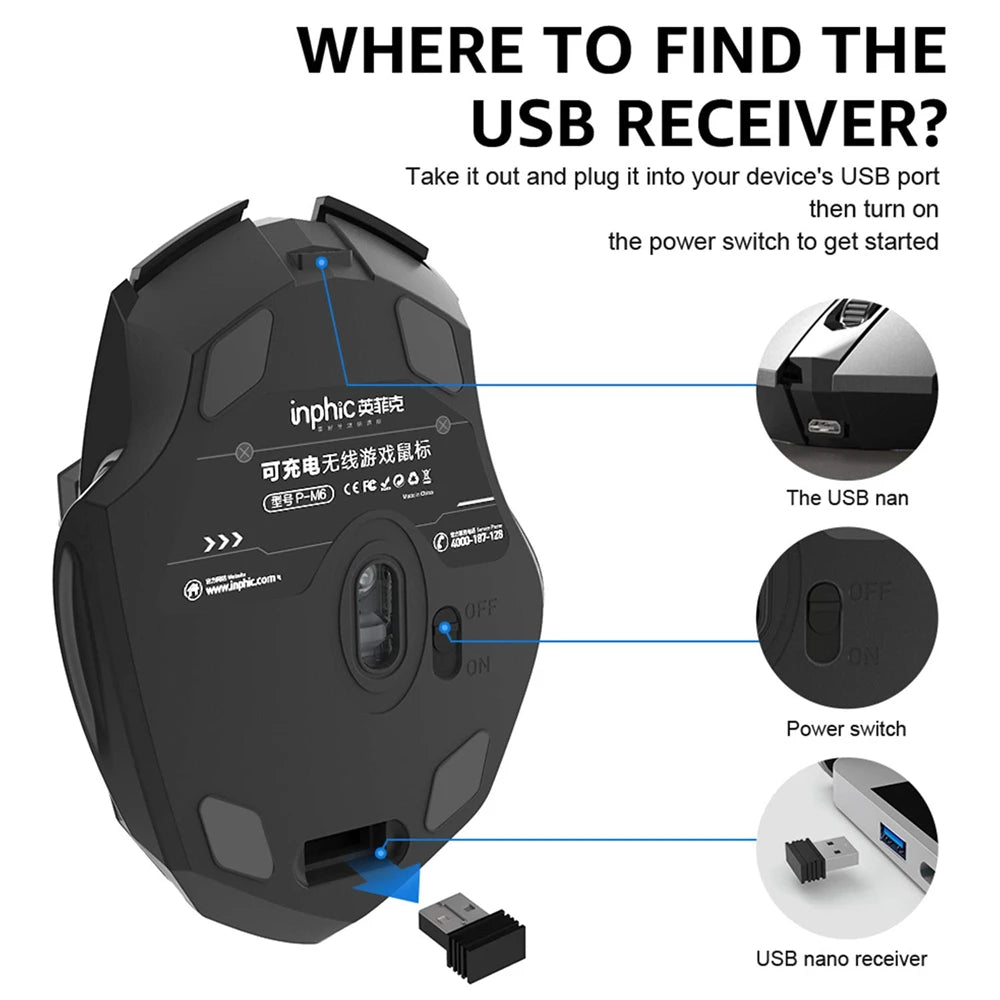 Inphic F1S Rechargeable 2.4G Wireless Mouse Office Mute Ergonomic And Skin-friendly Materials Support PC Laptop Tablet Universal