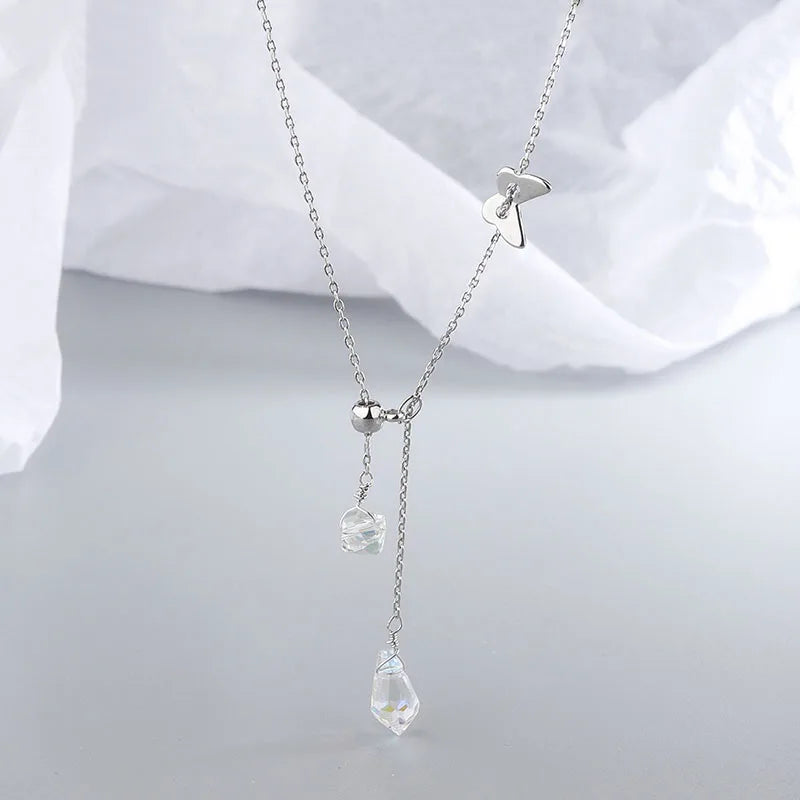 ANENJERY Silver Color Butterfly Necklace for Women Shiny Zircon Clavicle Chain Necklace Jewelry Party Gift