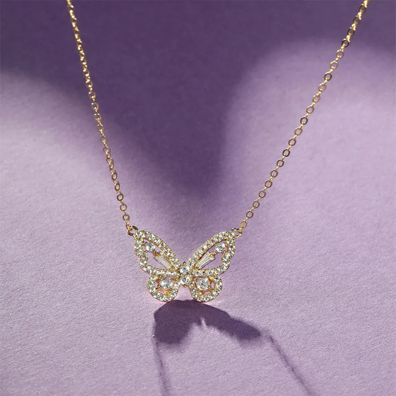 ANENJERY Silver Color Butterfly Necklace for Women Shiny Zircon Clavicle Chain Necklace Jewelry Party Gift