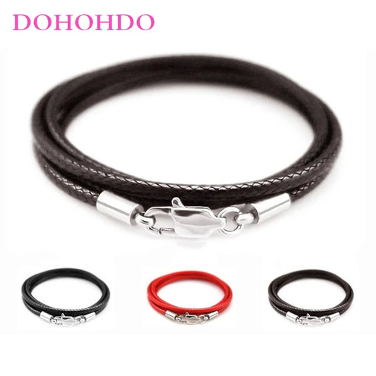 Leather cord necklace with woven cords and silver lobster clasp; black and red options shown.