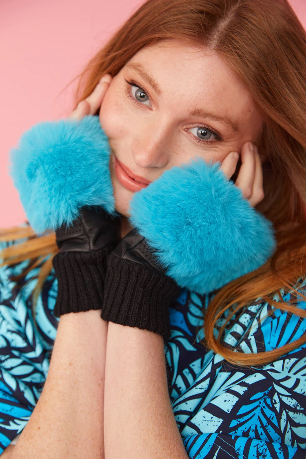 Turquoise faux fur fingerless gloves with ribbed knit cuffs