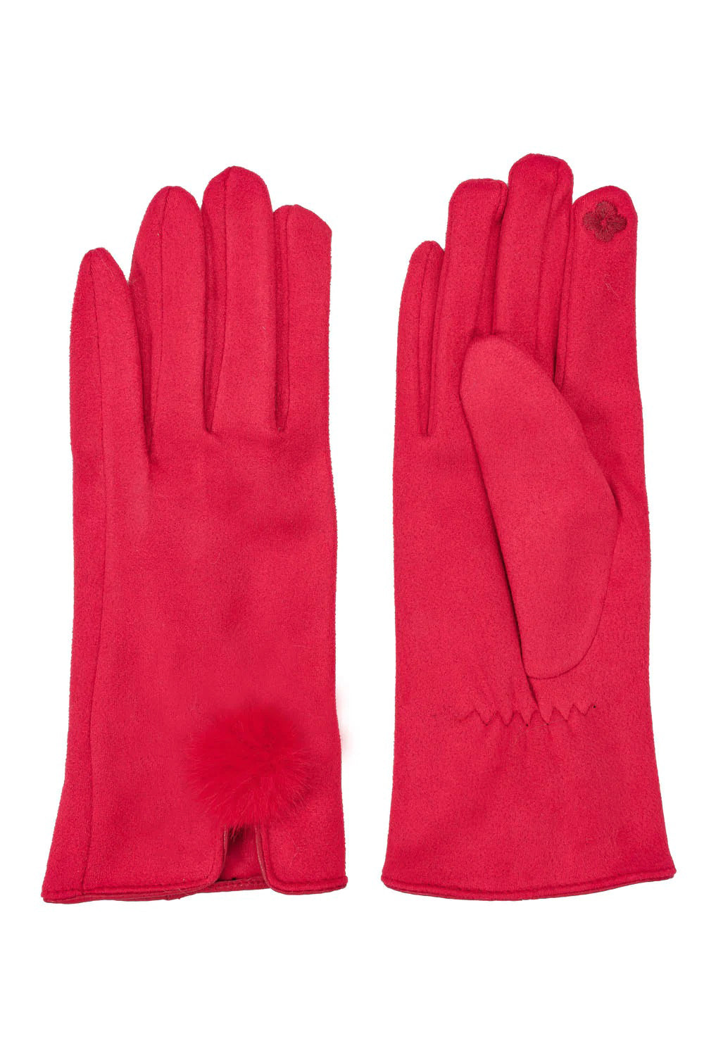 Red faux suede gloves with faux fur pom cuff, front and back view