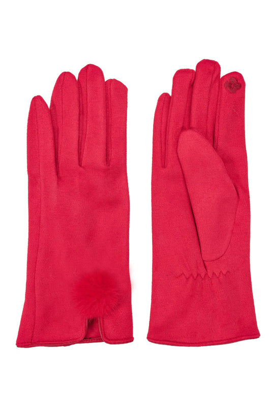 Red faux suede gloves with faux fur pom cuff, front and back view