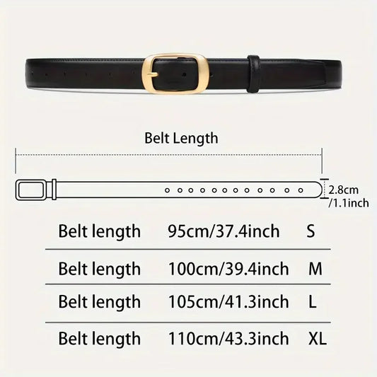 Black leather-look belt for jeans with gold rectangular pin buckle and punched holes