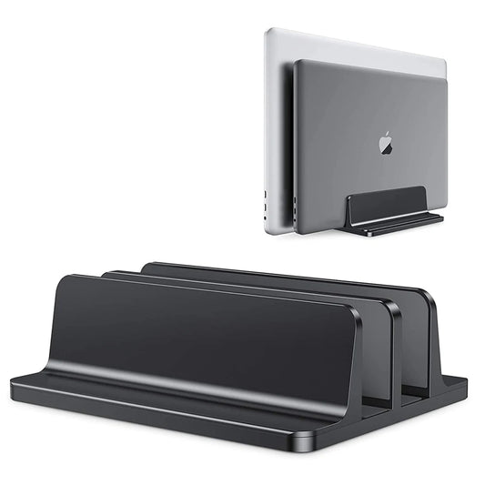 Black vertical laptop stand with adjustable brackets and non-slip base