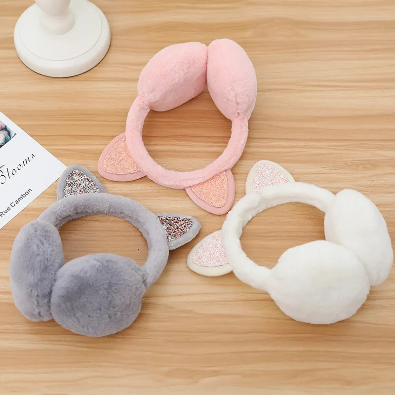 Playful Girls Ear Muffs Cold Protection Warm Hot Lovely Winter Warm Cat Ear Warmers Glitter Ears Plush Earmuffs for Women EZr02
