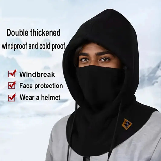 Black 3-in-1 windproof balaclava hat with face covering opening, hooded neck warmer