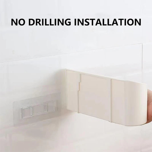 Adhesive cabinet door organizer with curved white shelf tray for easy, no-drill install