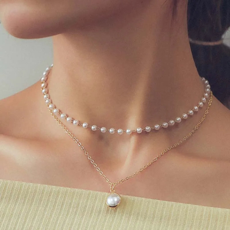 2026 New Fashion Gold Color Pearl Choker Necklace For Women Girl Simple Double Layer Neck Chain Necklace Jewelry Gift