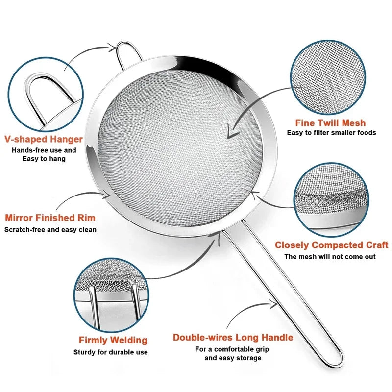 1/3/4Pcs/Set Stainless Steel Wire Fine Mesh Oil Strainer Flour Colander Sieve Sifter Pastry Baking Tools Kitchen Accessories