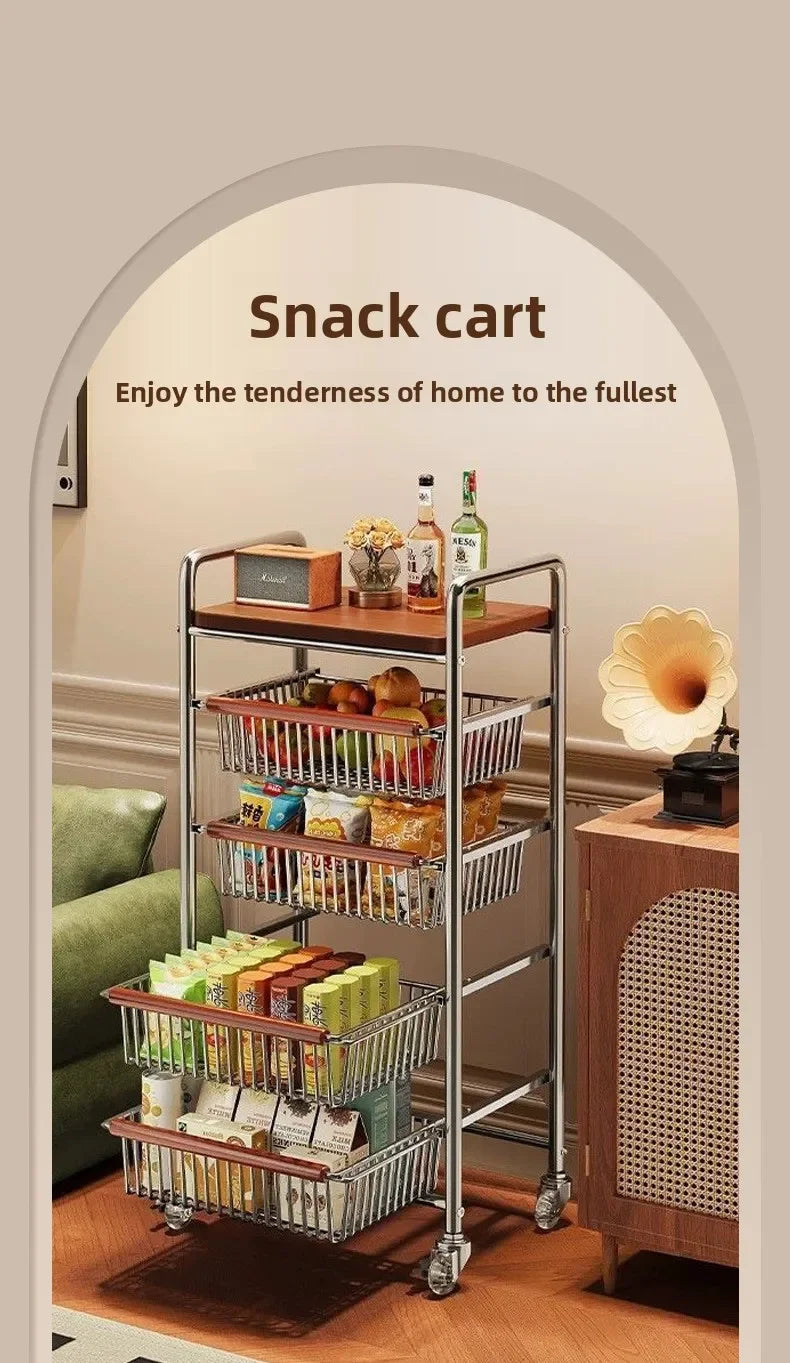 Wooden Rolling Kitchen Cart with 4/8 Baskets, Fruit Vegetable Storage Rack