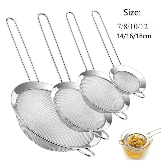 4-piece stainless steel fine mesh strainers set with long handles, 7/8/10/12-14/16/18cm